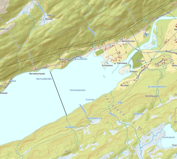Kart over Hamnesfjorden - Klikk for stort bilde