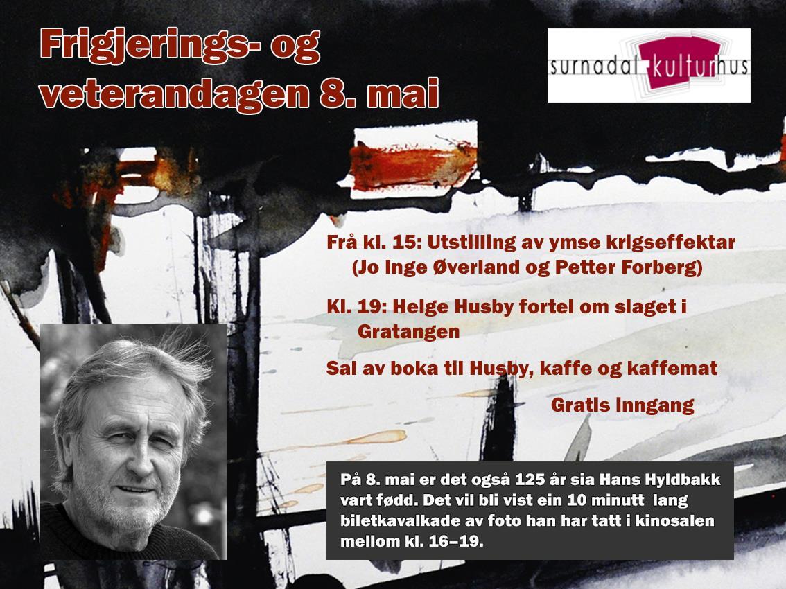 Plakat om arangement på frigjerings-og veterandagen på Surnadal kulturhus 8.mai 2023. - Klikk for stort bilde